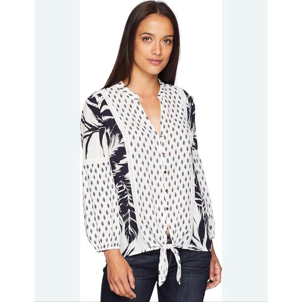 IVANKA TRUMP Women’s Blouse Small Black White Balloon Sleeve Tie Front V Neck